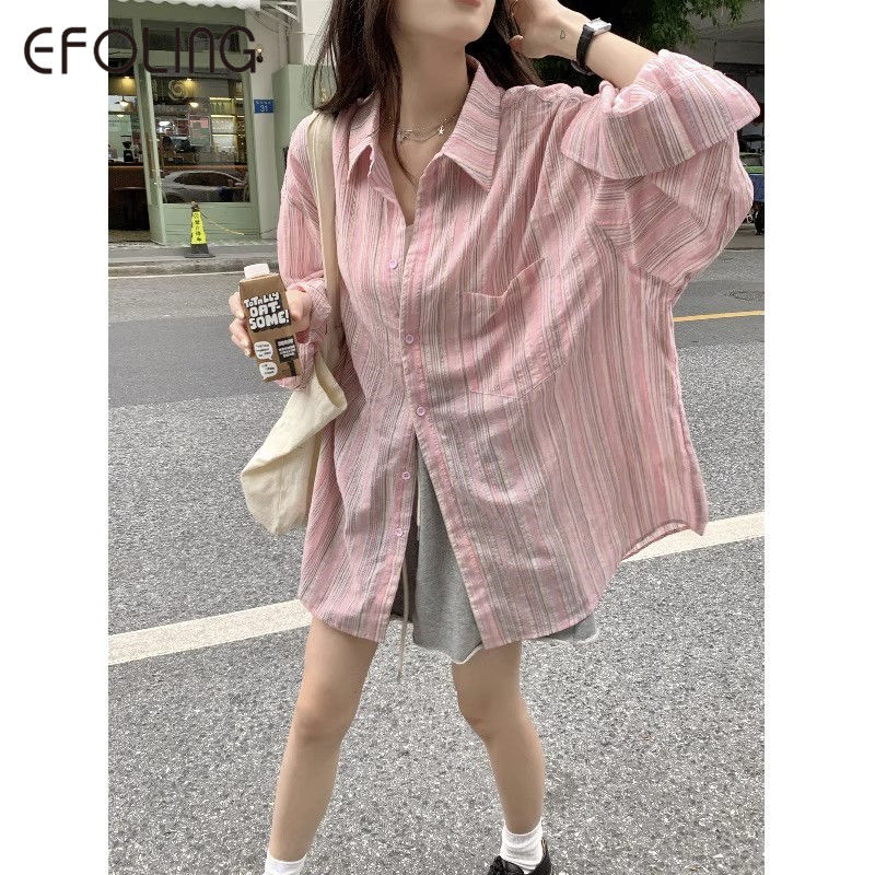 EFOLONG港風條紋純棉輕薄長袖襯衫女春秋季百搭慵懶寬鬆襯衣外套