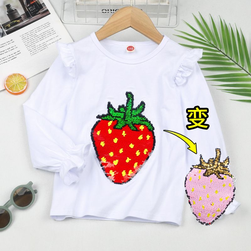 Girls' bottoming shirt pure cotton sequin T-shirt double-sided color-changing pattern  autumn and winter new style