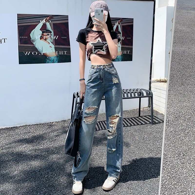美式破洞直筒高腰顯瘦寬鬆闊腿拖地褲子牛仔褲女2023新款潮牌ins