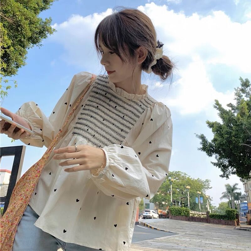 愛心碎花立領襯衫女秋季2023新款甜美設計感外穿寬鬆泡泡長袖襯衣