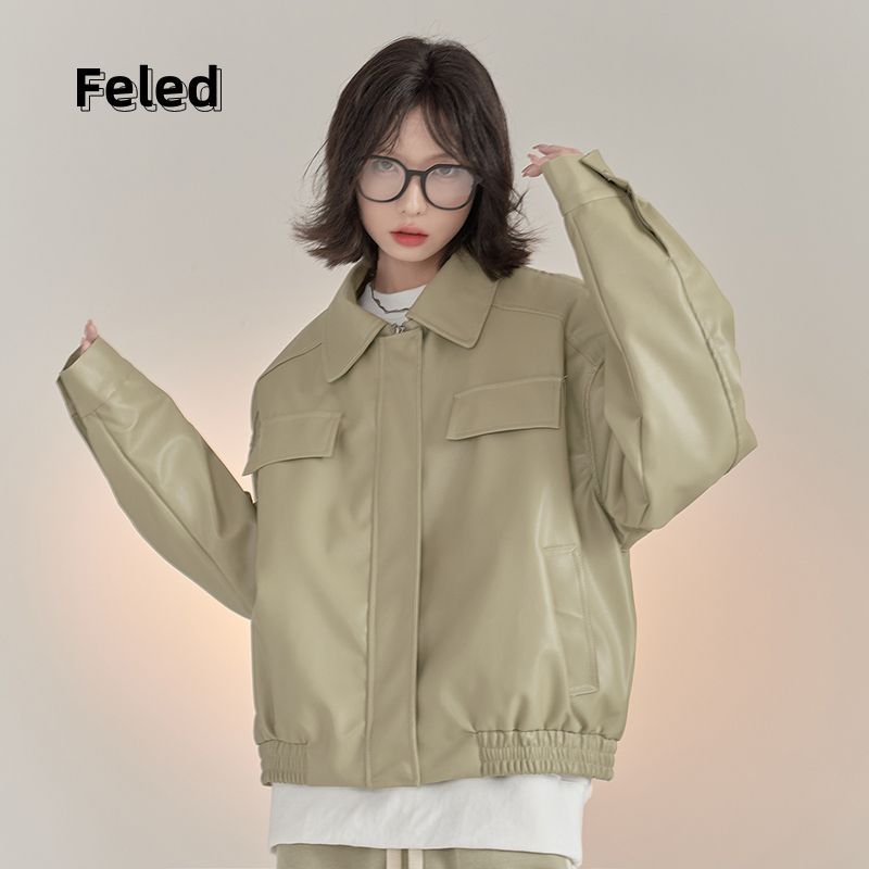 Feira Denton Solid Color Lapel Leather Jacket Women's Early Autumn 2023 New Loose Top Men's and Women's Jacket Jacket