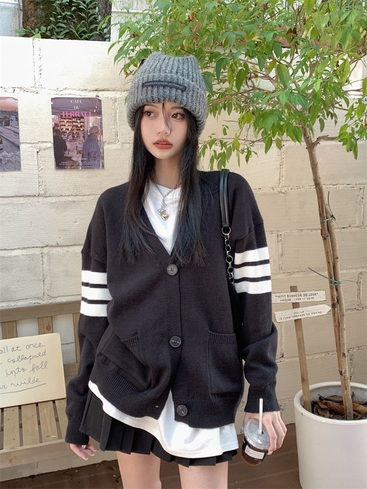 復古寬鬆慵懶風長袖針織開衫女秋冬新款情侶V領上衣條紋毛衣外套