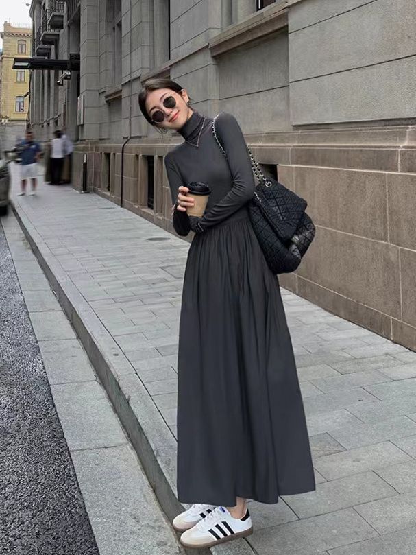 High-end Hepburn style dress for women  spring and autumn new Korean style slimming knee-high bottoming with long skirt