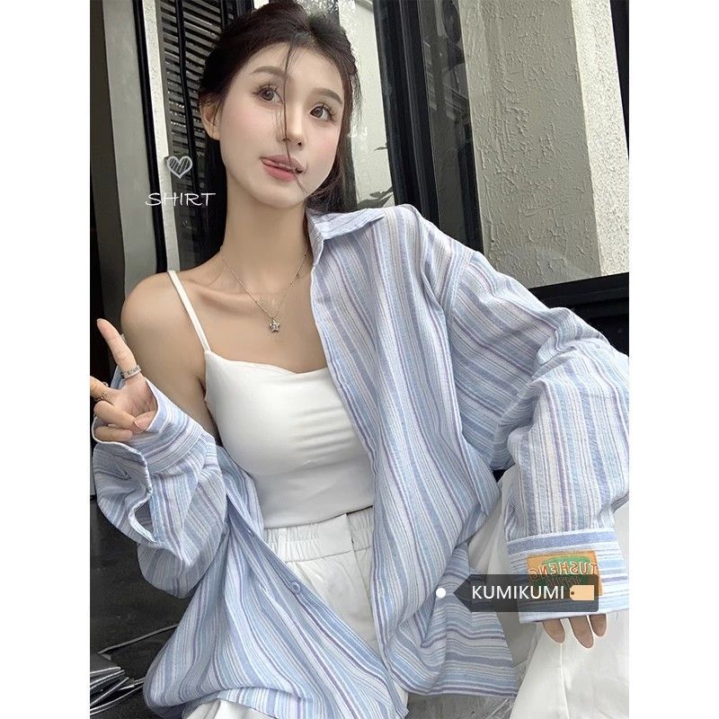藍色條紋polo領長袖襯衫女春秋寬鬆設計感慵懶風韓系外搭開衫上衣