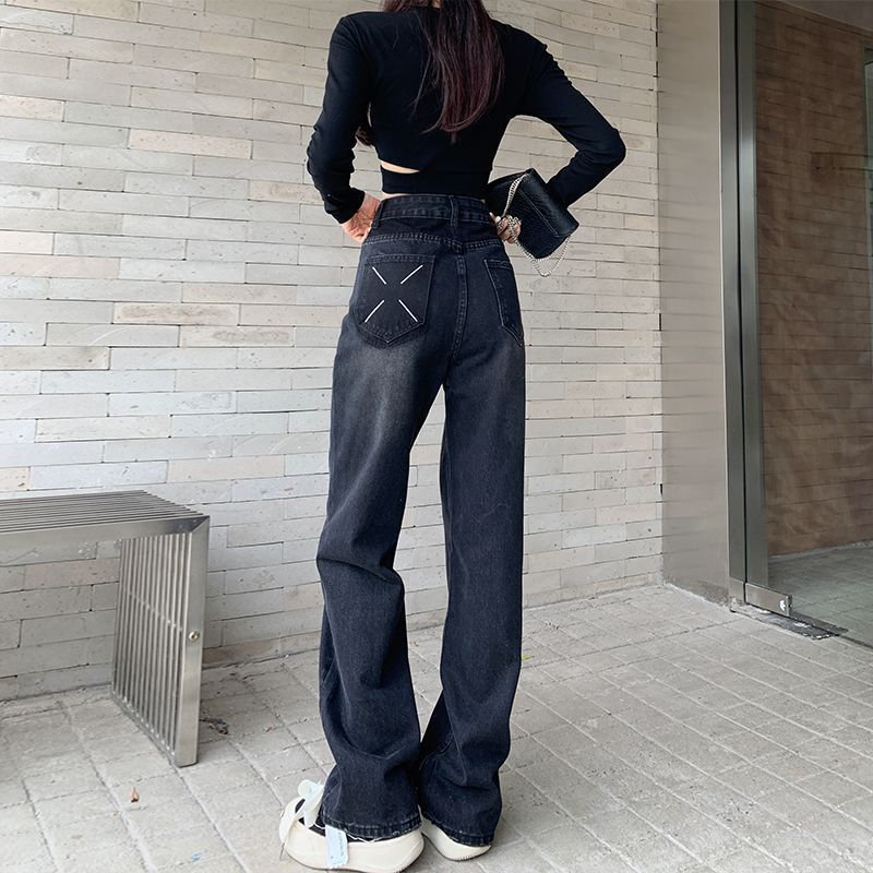 黑色闊腿牛仔褲女春秋新款高腰設計感直筒寬鬆高個子加長拖地褲子