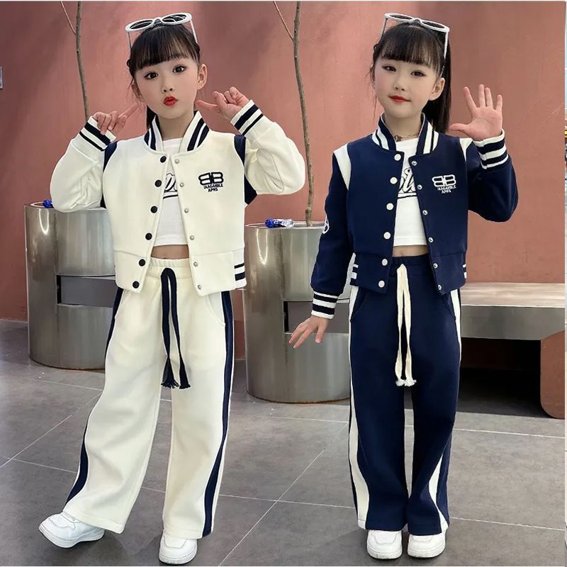 女童春秋套裝2023新款春裝洋氣韓版時髦網紅時髦兒童棒球服兩件套