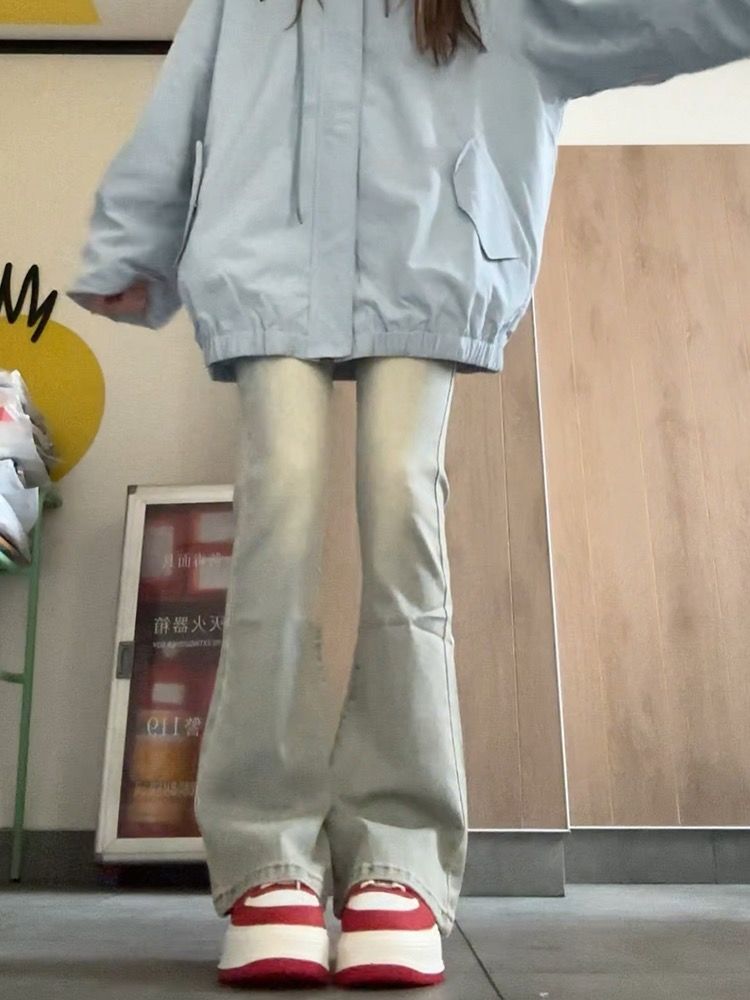 美式復古微喇牛仔褲女春秋新款高腰彈力修身顯瘦喇叭褲辣妹拖地褲