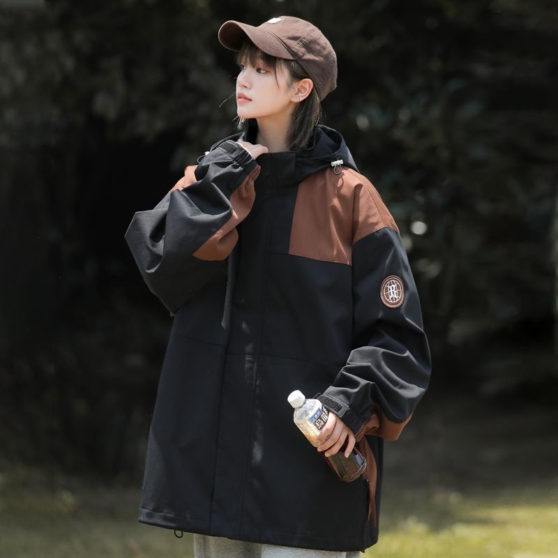 大碼衝鋒衣女男春秋工裝美式復古撞色夾克女時尚設計感小眾外套潮