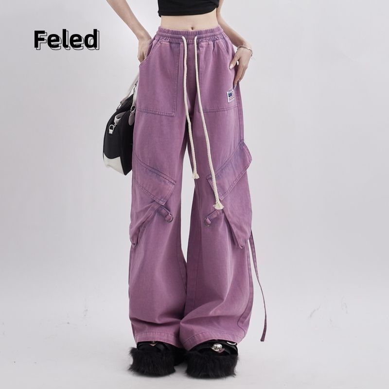 Feila Denton casual early autumn new American retro large pocket strap decoration versatile men's and women's straight trousers