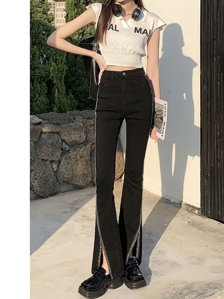 YSYOURS黑色開叉牛仔褲女春秋高腰顯瘦小眾設計感大碼撞色喇叭褲