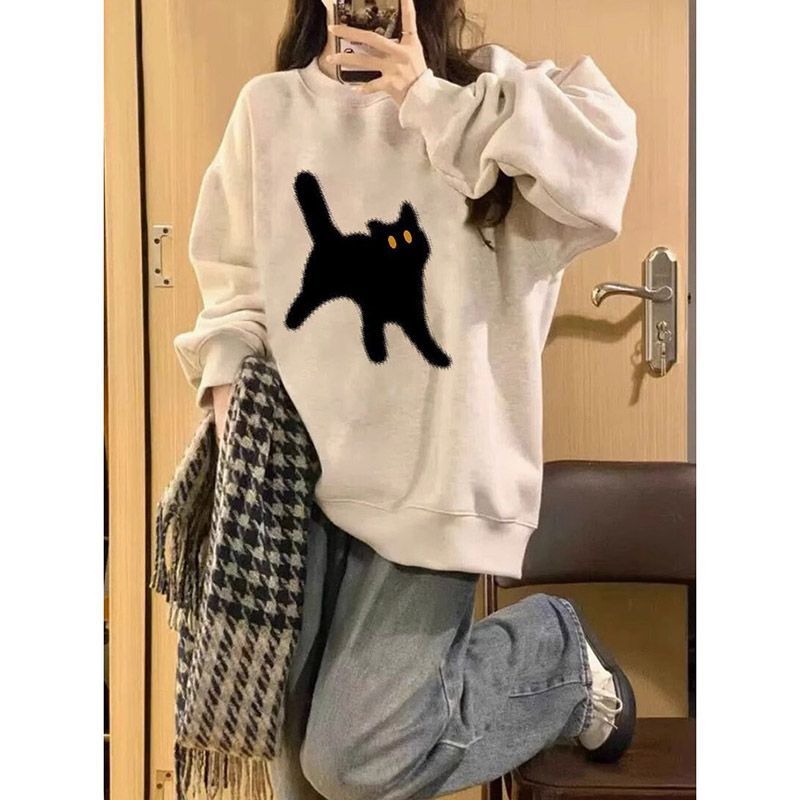 100%紡棉灰色圓領衛衣女歐美高街小眾設計寬鬆慵懶風上衣潮ins
