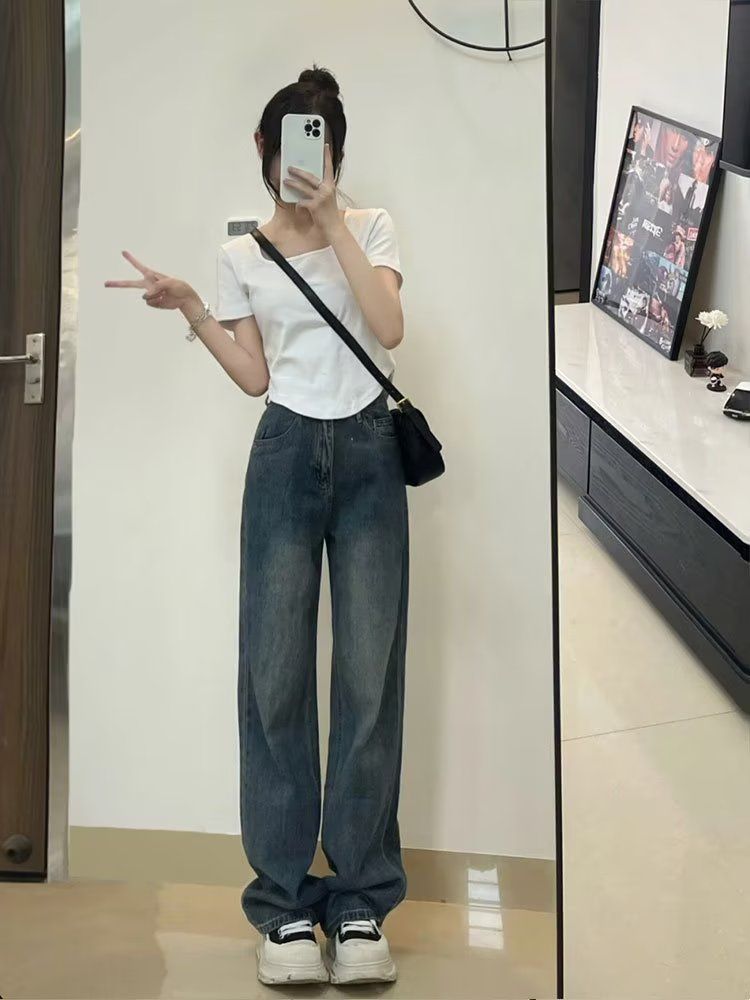 港風復古做舊牛仔褲女秋季寬鬆垂感直筒闊腿褲高腰顯瘦拖地長褲子