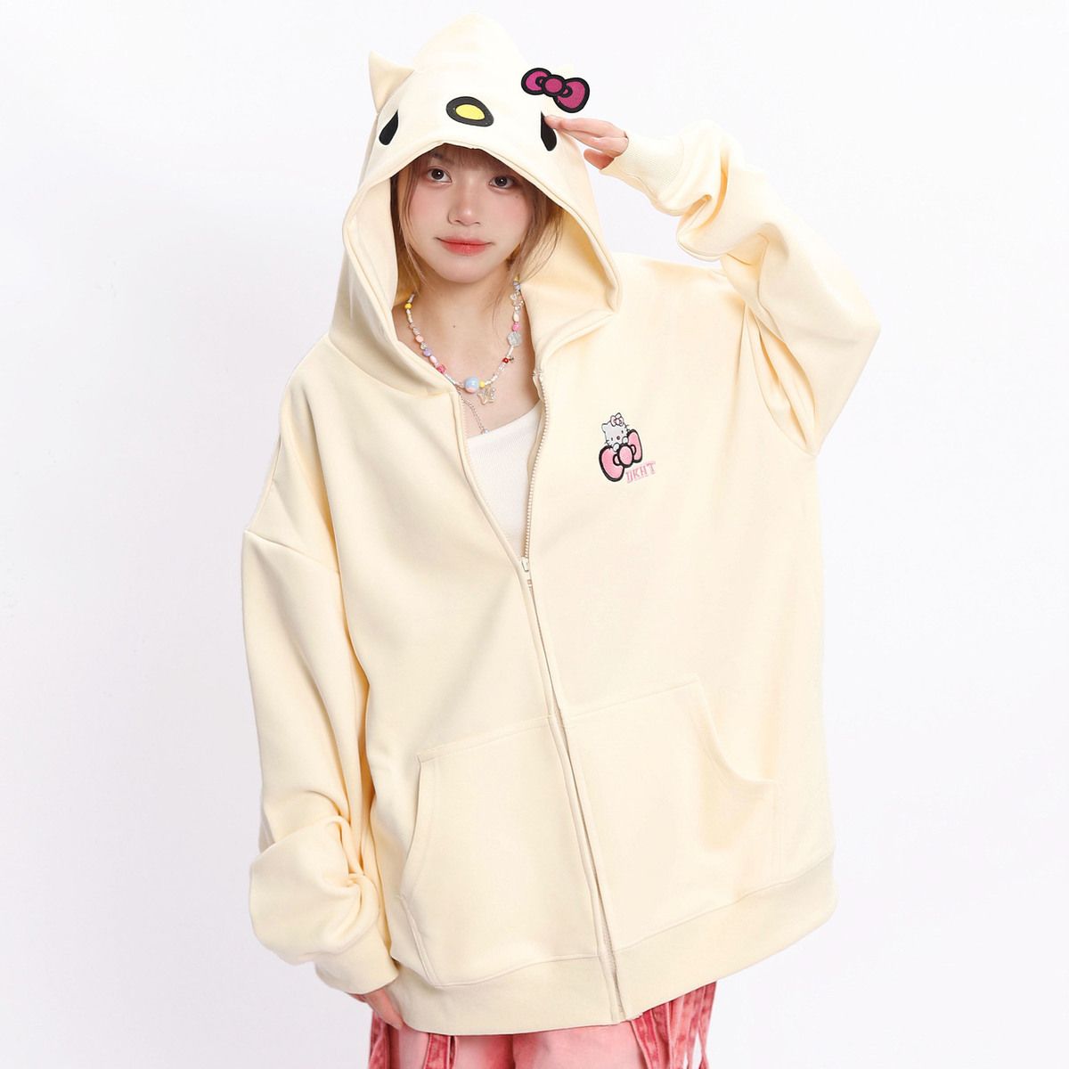 Japanese cute cartoon Hello Kitty cardigan zipper hooded sweatshirt for women in spring, autumn and winter plus velvet loose lazy style jacket