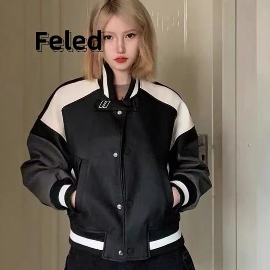 Feila Denton American retro splicing short baseball uniform for men and women casual sports racing flight jacket