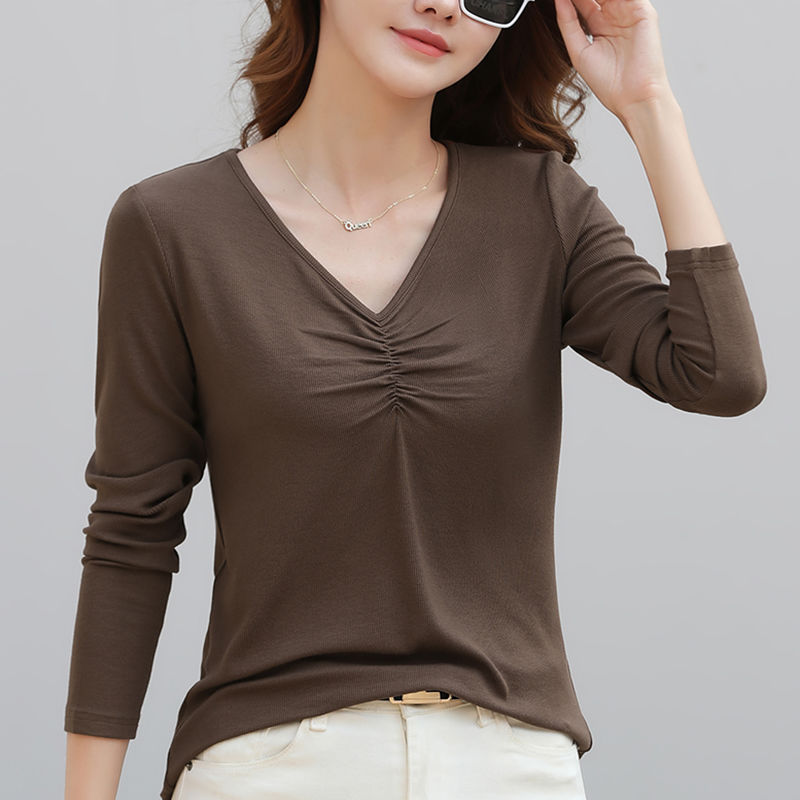French thread v-neck long-sleeved t-shirt women's autumn thin section loose high-end low-necked bottoming shirt with foreign style top