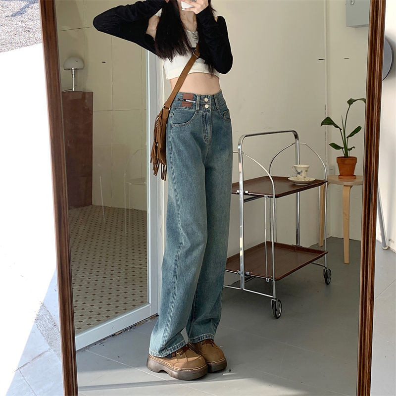 秋季2023年小众宽松显瘦复古蓝直筒拖地裤女设计韩版阔腿牛仔裤子