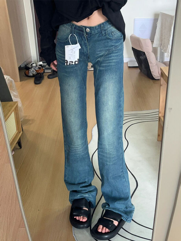 復古做舊微喇牛仔褲女秋季新款低腰寬鬆闊腿顯瘦百搭拖地喇叭褲子