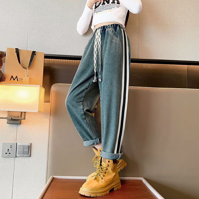 Boys and girls jeans autumn children's pants  new medium and large children's loose dad pants webbing harem pants trendy