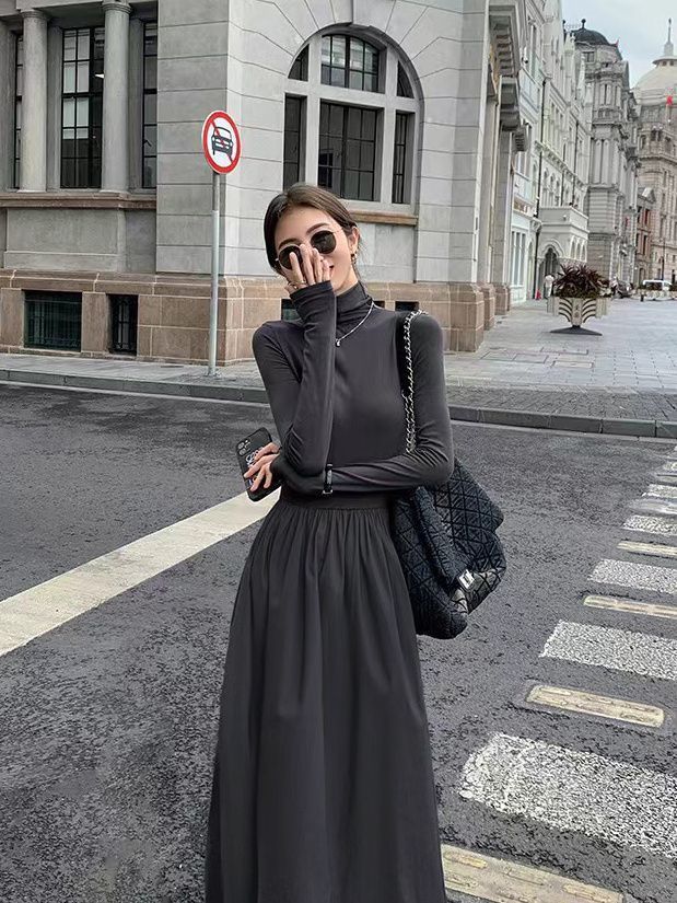 High-end Hepburn style dress for women  spring and autumn new Korean style slimming knee-high bottoming with long skirt