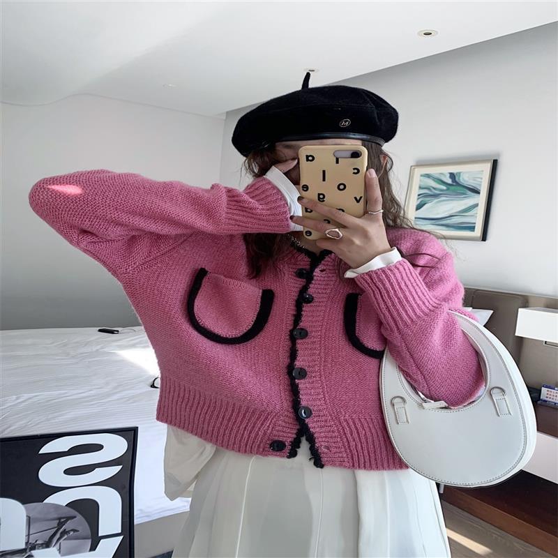 早秋甜美小香風口袋針織開衫韓版氣質簡約百搭寬鬆毛衣女外套上衣