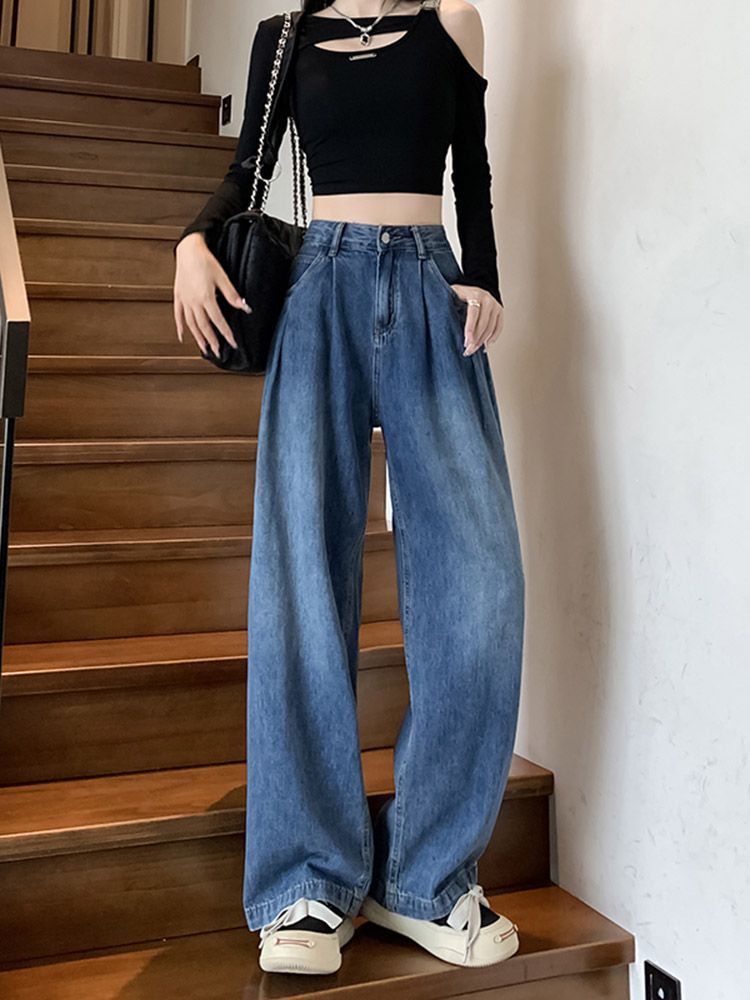 YSYOURS美式復古闊腿牛仔褲女春秋高腰寬鬆顯瘦大碼直筒垂感拖地