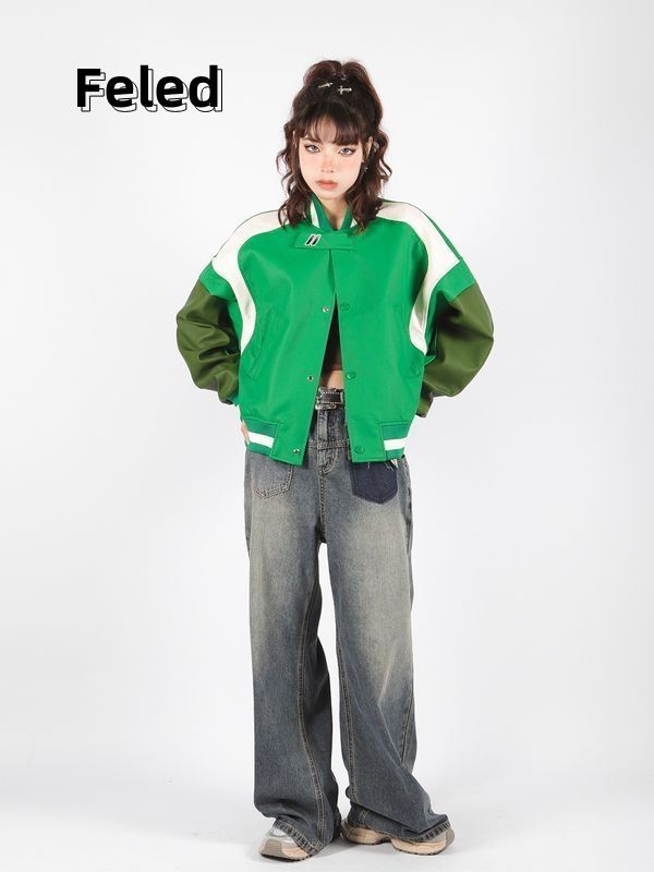 Feila Denton contrasting color short baseball jacket for men and women American retro hiphop trendy motorcycle jacket