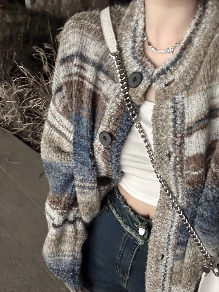 美式復古彩色毛衣女小眾設計感寬鬆外穿薄款針織外套開衫小個子潮