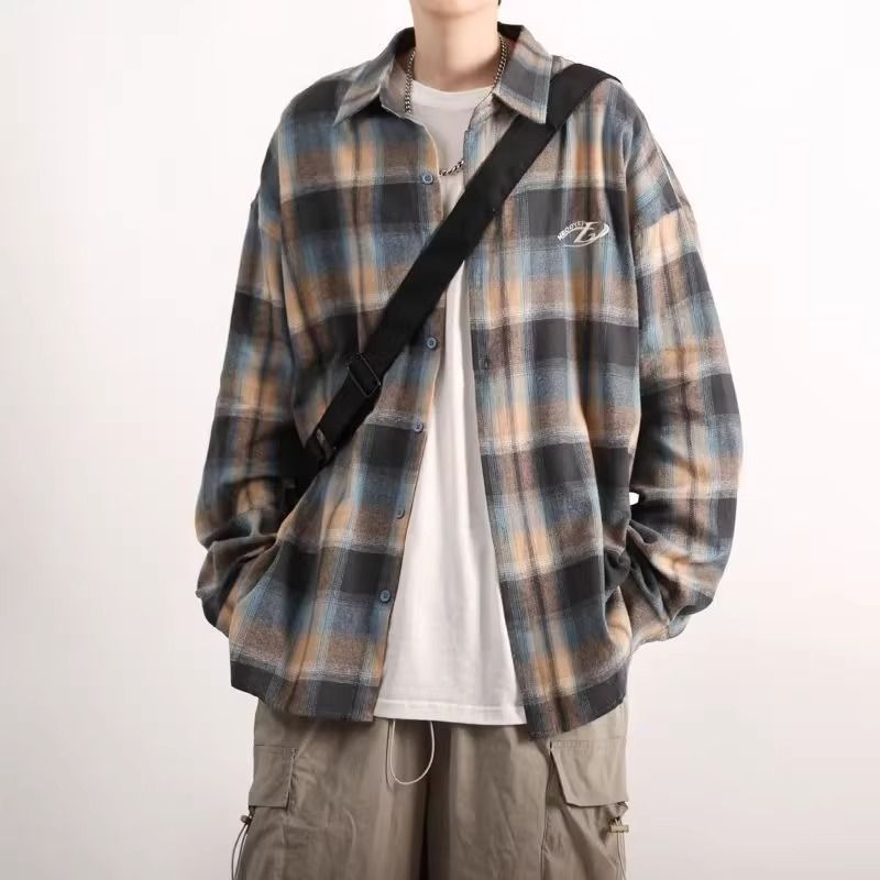 Spring and autumn trendy brand loose and versatile square collar plaid long-sleeved shirts for men and women, same style jackets, trendy outer shirts