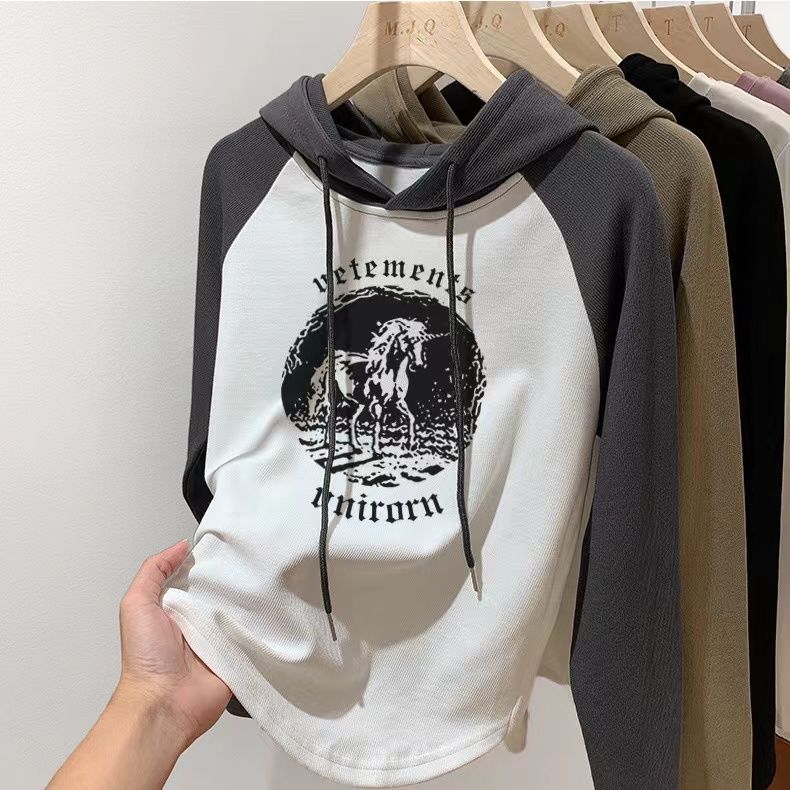 美式復古連帽長袖上衣女秋季新款設計感小眾緊身顯瘦短款上衣ins