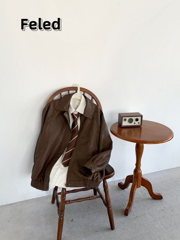 Feila Denton Japanese retro old aviator pu leather lapel workwear men's and women's jacket loose coat