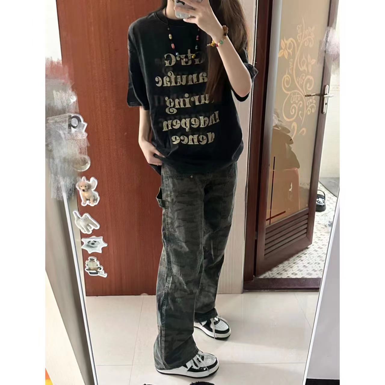 秋冬季美式迷彩牛仔褲女拖地長褲跳舞潮流爵士寬鬆闊腿歐美風港風