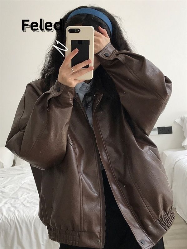 Feila Denton retro brown leather jacket for men and women 2023 new loose leather jacket handsome motorcycle jacket