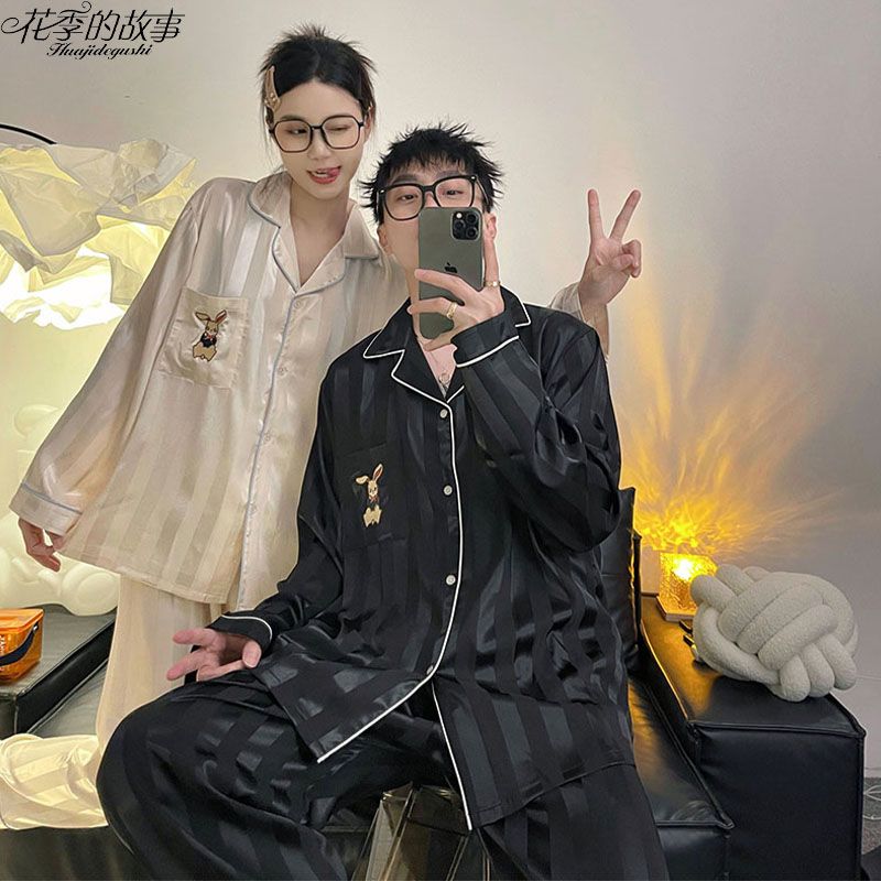 花季的故事春秋款情侶睡衣女冰絲長袖長褲薄款網紅家居服男士套裝
