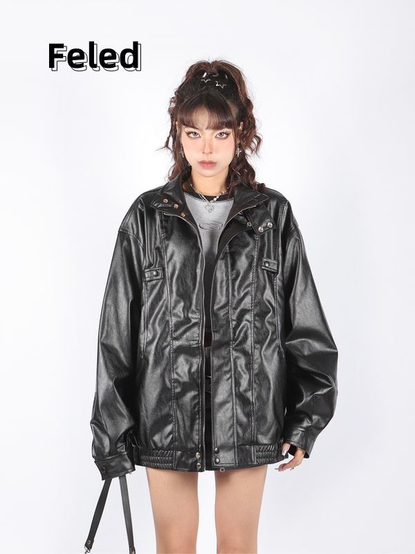 Feira Denton American retro motorcycle style PU leather jacket for men and women high-end loose leather jacket