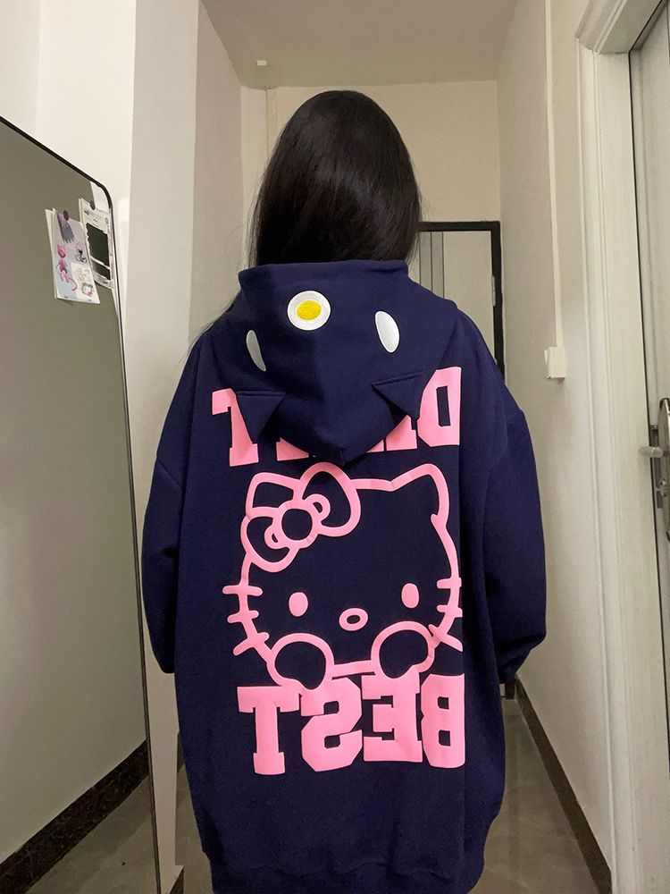 Japanese cute cartoon Hello Kitty cardigan zipper hooded sweatshirt for women in spring, autumn and winter plus velvet loose lazy style jacket