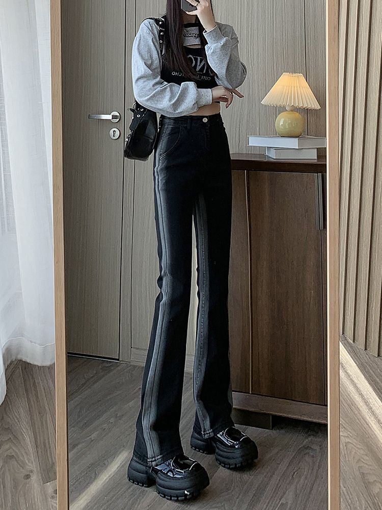 YSYOURS黑色微喇牛仔褲女春秋高腰修容顯瘦大碼胖mm喇叭馬蹄褲子