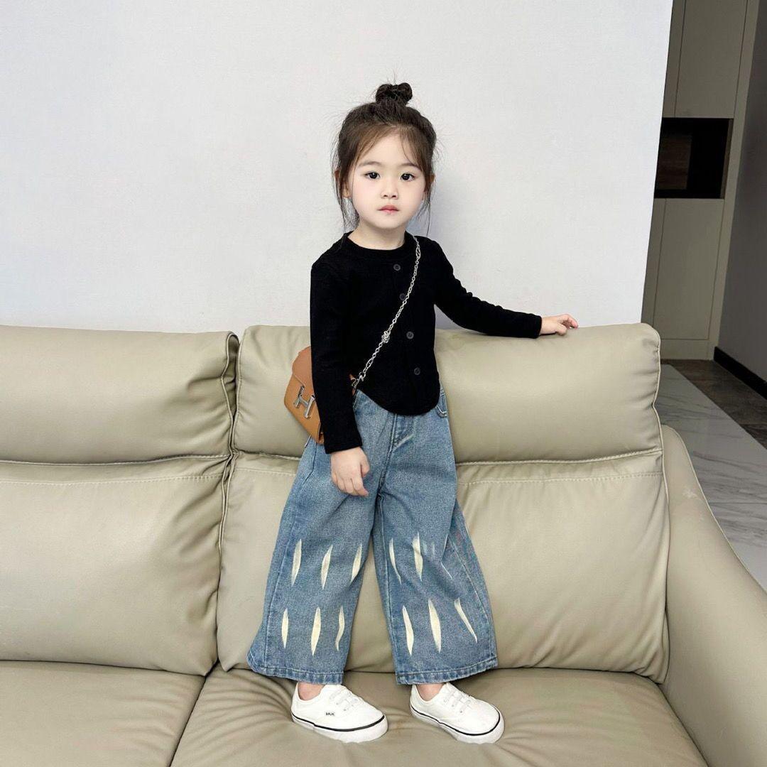 女童春秋季新款套裝長袖T恤韓版純色百搭修身T恤牛仔闊腿褲兩件套