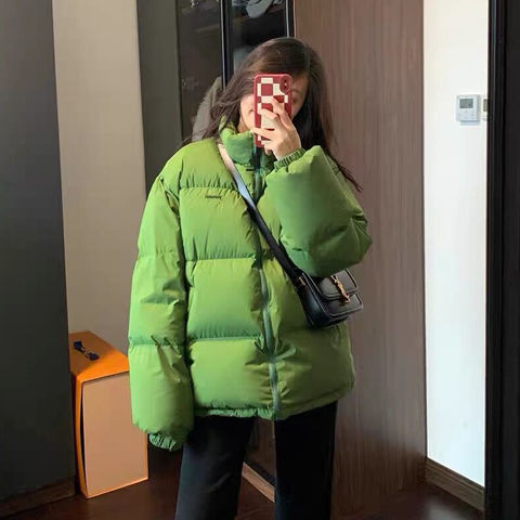 2023新款冬季綠色麵包棉服女短款韓版寬鬆棉襖加厚連帽棉衣ins潮