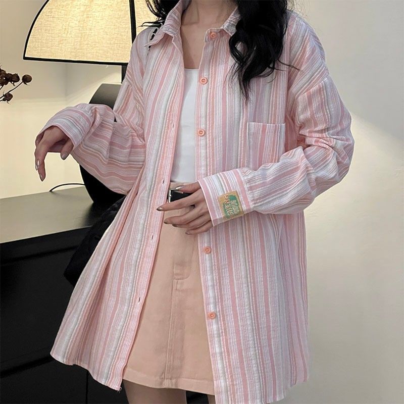 韩版通勤Polo领条纹长袖衬衫女春秋宽松减龄休闲粉色上衣开衫外套
