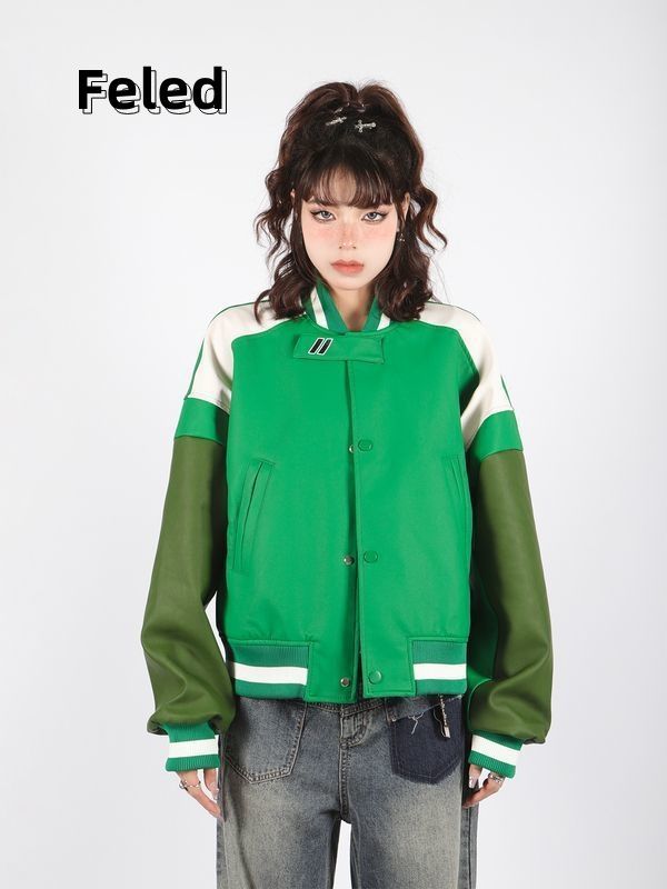 Feila Denton contrasting color short baseball jacket for men and women American retro hiphop trendy motorcycle jacket