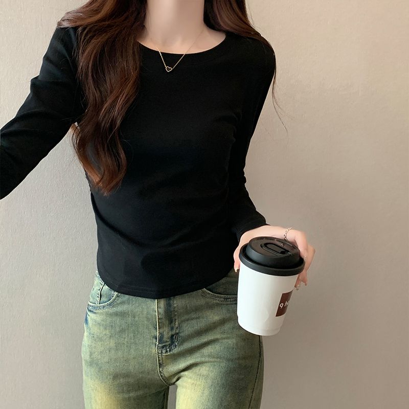 Pure cotton American-style right shoulder long-sleeved T-shirt for women in autumn with irregular curved pleated tight-fitting bottoming short top