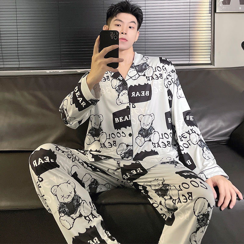 男士睡衣春秋款卡通長袖寬鬆薄款青少年冬季新款家居服外穿套裝