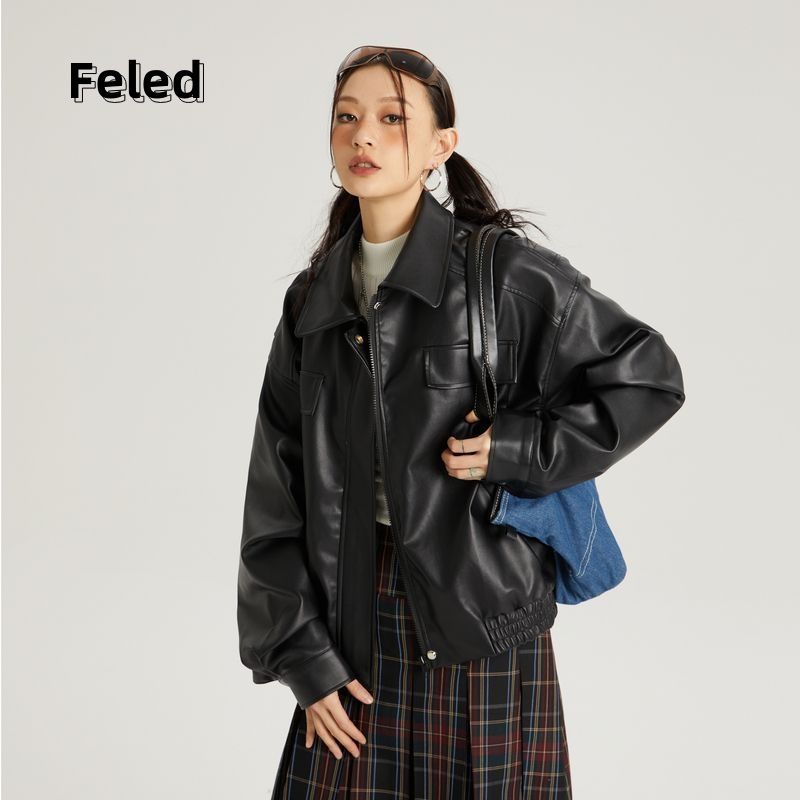 Feila Denton motorcycle leather jacket for men and women 2023 new early autumn pu leather jacket short versatile trendy jacket