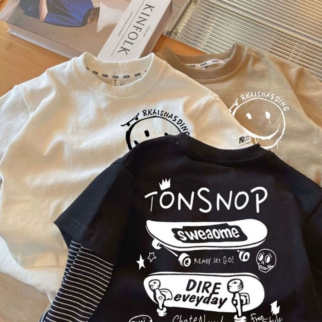 Pure cotton boys' T-shirt long-sleeved fake two-piece  new children's bottoming shirt spring and autumn children's top baby autumn clothing