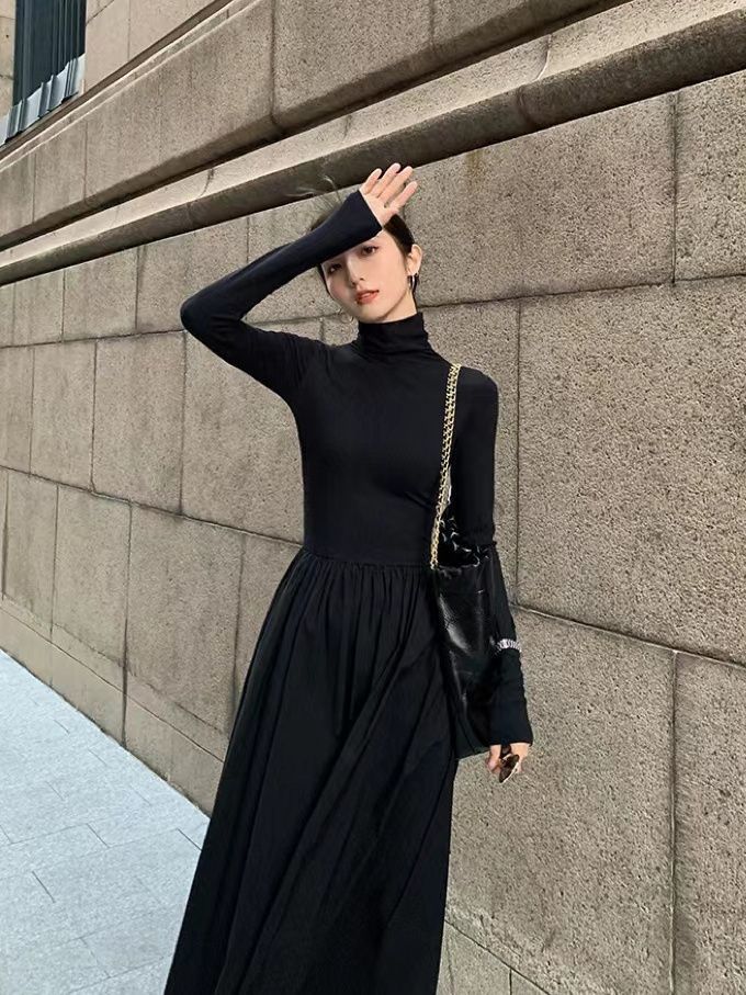 High-end Hepburn style dress for women  spring and autumn new Korean style slimming knee-high bottoming with long skirt