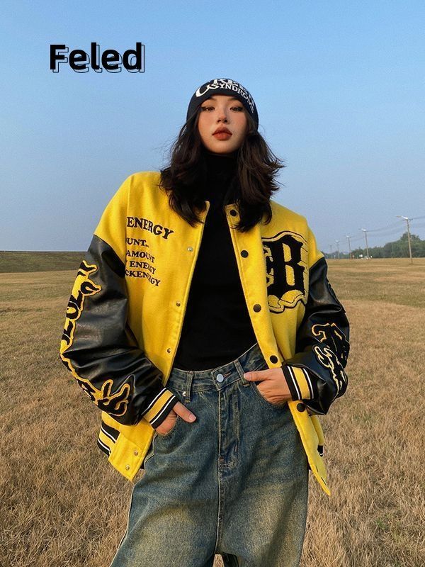 飛拉丹頓美式復古拼接棒球服男女寬鬆情侶夾克字母爆款外套