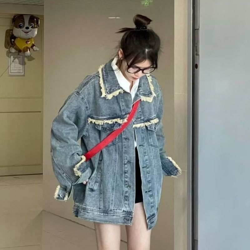 美式復古牛仔外套女春秋2023新款oversize設計感小眾港味chic上衣