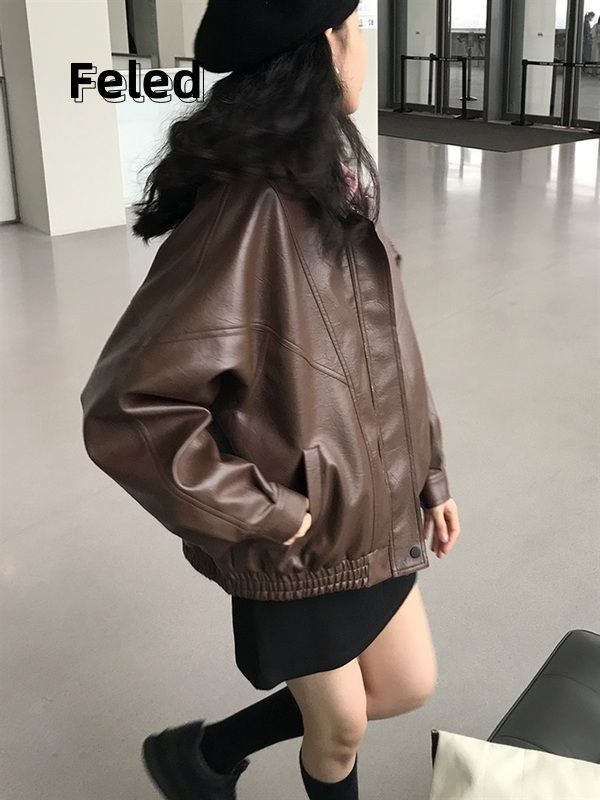 Feira Denton retro brown leather jacket for men and women 2023 early autumn new loose leather jacket motorcycle jacket