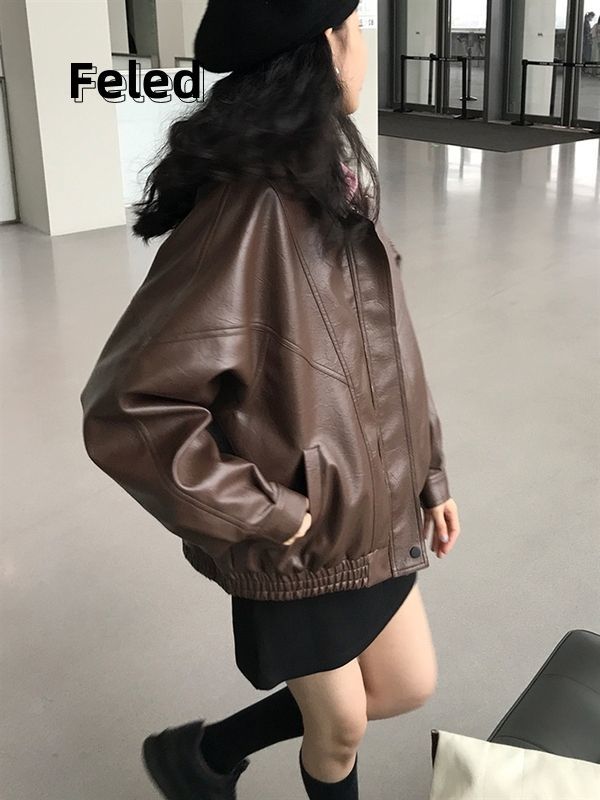 Feila Denton retro brown leather jacket for men and women 2023 new loose leather jacket handsome motorcycle jacket