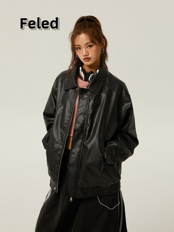 Feila Denton leather jacket for men and women 2023 new early autumn American retro sweet and cool motorcycle pu Hong Kong style jacket